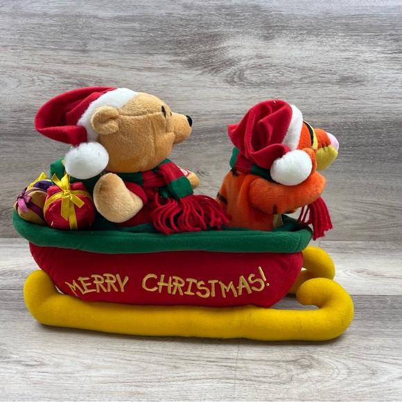 Vntg Animated Disney Plush Winnie the Pooh & Tigger Christmas Sled Jingle Bells - Picture 1 of 10